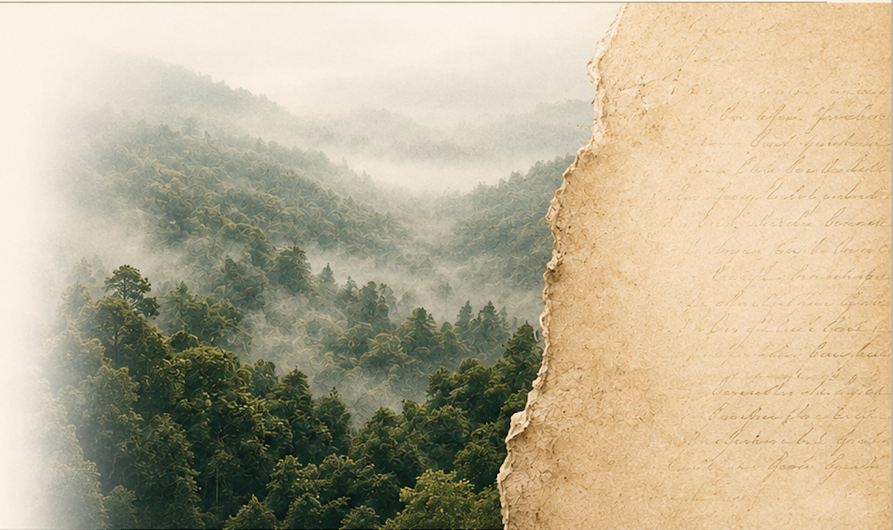 Mist-covered forest meeting an aged manuscript